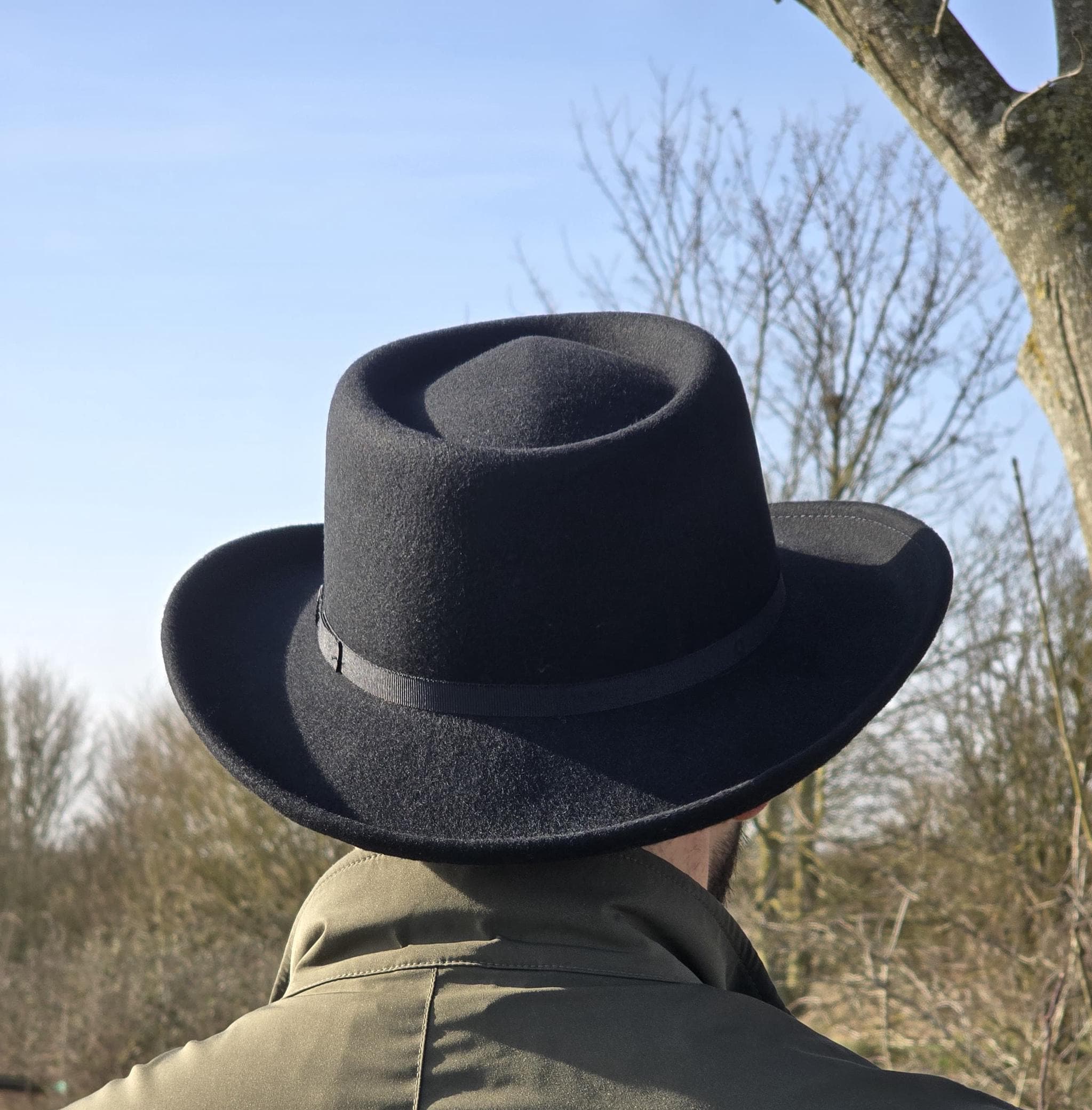 Black Wool Felt Gambler Hat Wide Brim Telescope Crown Boho Western Adjustable Mens Telescope Western Hat - Etsy main image 2