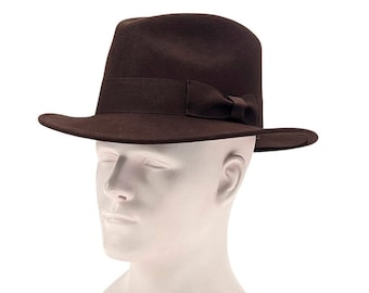 Brauner Fedora mit breiter Krempe, zerknitterbar Wolle Fedora Hut: 1940er Jahre Indiana Jones Stil