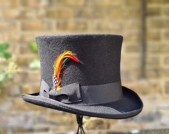 Handcrafted Wool Felt Top Hat: Victorian Style with Feather