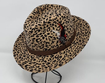 Leopard Print Wool Felt Fedora: Crushable Travel Hat, Custom Branding