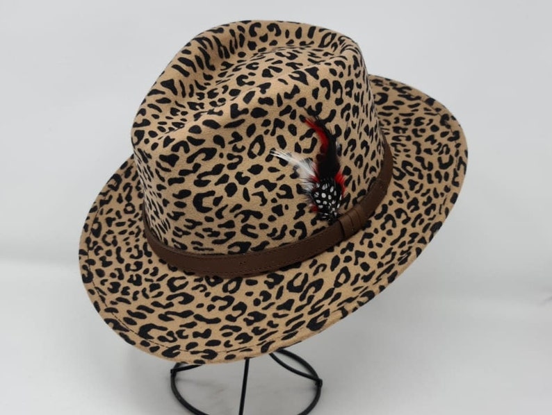 Fedora hat Leopard 100% Wool Felt Fedor personalize with Branding Iron Handmade Fedora Crushable hat  Leather Band Hat