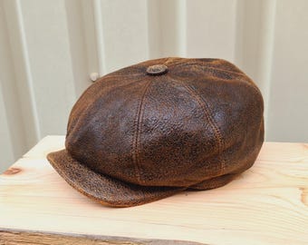 Handcrafted Sheepskin Leather Newsboy Cap: Customizable 8-Panel Baker Boy S/XXL