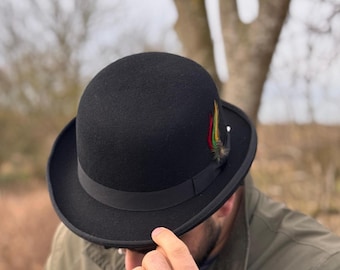 Wool Felt Bowler Hat: Vintage Style Derby Cap with Feather Detail