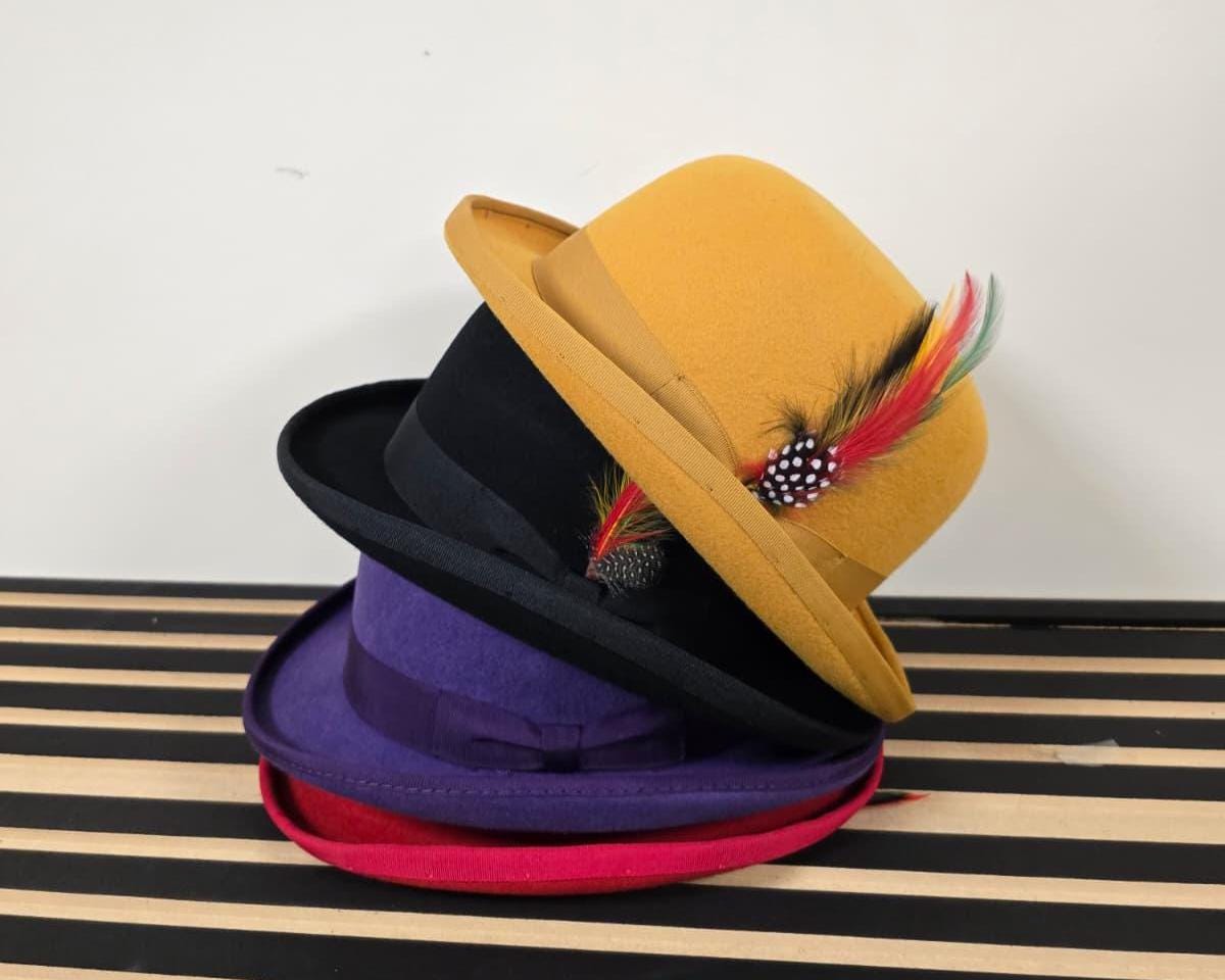 100% Wool Felt Bowler Hat: Vintage Style Derby, Customizable Feather Detail
