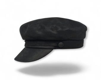 Kapitänsmütze Vintage Schaffell Fischermütze Leder: Schwarzer Bretonischer Sailor Hut Geiger