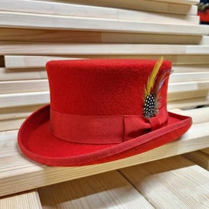 Sombrero de copa de fieltro de lana hecho a mano: copa baja, detalle de plumas, atuendo formal.