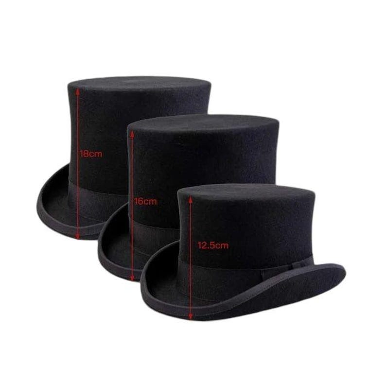 May include: Three black top hats of different sizes. The largest hat measures 18 inches in diameter, the middle hat measures 16 inches in diameter, and the smallest hat measures 12.5 inches in diameter.