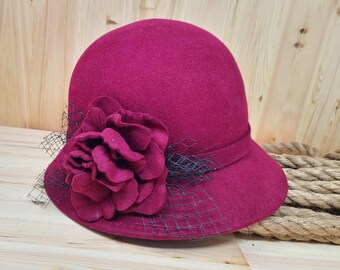 Black Wool Felt Hat Women, FELT CLOCHE HAT With Flower  display picture 2