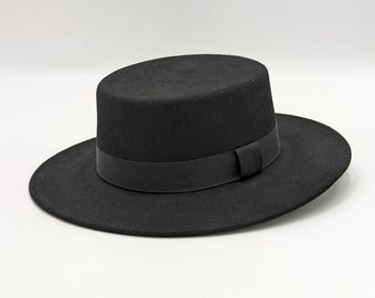 Vintage 1970\'s Sonni Black wool felt Cartwheel Bolero Boater Style Hat Sonni Vintage 1970s Boho Hat Womens Black Wool Felt Round  main image 2