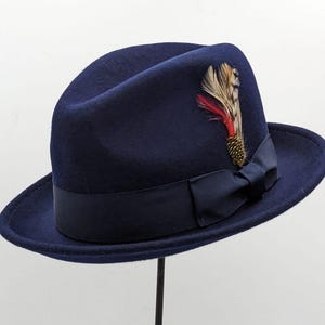 May include: A navy blue fedora hat with a dark blue ribbon band and a decorative feather. The feather has red, brown, and tan hues. The hat is displayed on a black stand against a white background.