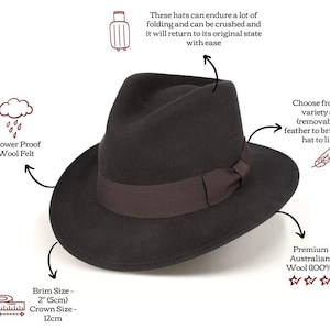 Classic Fedora Hat | Black Pure Wool Men's Hat Authentic 1940s Retro Vintage Style