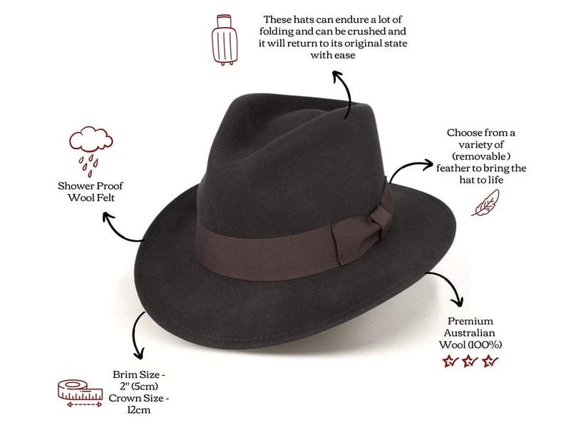 Classic Fedora Hat | Black Pure Wool Men's Hat Authentic 1940s Retro Vintage Style