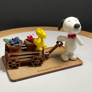 CLAY SNOOPY WAGON - Handmade Clay Snoopy Wagon with Woodstock and Flower Pots - Unique Spring Snoopy Decoration