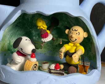 Snoopy  Clay Picnic- Handmade Clay Snoopy Picnic Scene - Unique Snoopy Scene - Snoopy Decor - Cute Snoopy Ornament