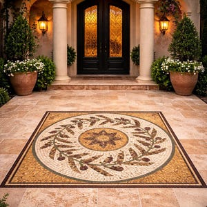 May include: Exterior view of a home's entrance featuring a mosaic tile design. The mosaic is a circular pattern with olive branch and star details. The entrance has a pair of black doors, flanked by columns, potted plants, and hanging lanterns.