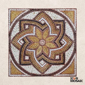 May include: A square mosaic tile with a floral design. The mosaic features a central flower shape in shades of yellow and brown, surrounded by geometric patterns in white, brown, and black. The tile is framed by a border of small, colorful tiles.