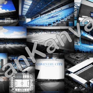 May include: A collage of images showcasing Coventry City Football Club. The images include the stadium exterior, the stands, the pitch, and the team's logo. The images are in black and white and colour.