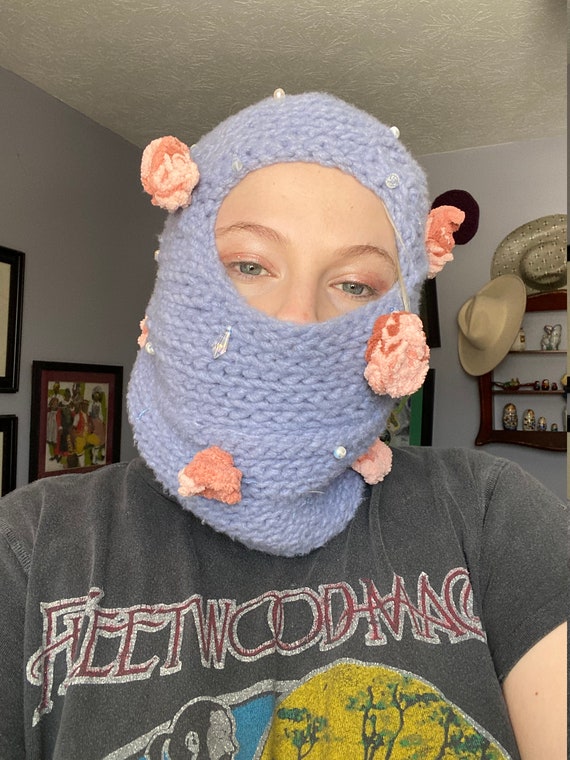 Crochet Balaclava Blue Fleece Yarn Hand Crochet Hat Etsy