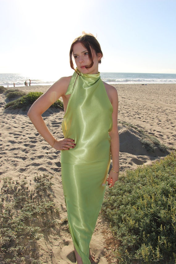 halter green satin dress Esmerelda