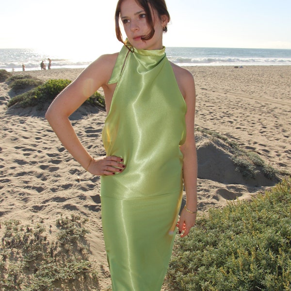 Green satin halter maxi dress