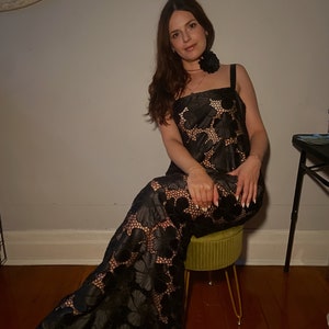 Boho Black Lace Maxi Dress with Floral Detail – Romantic Sheer Evening Gown for Free Spirits