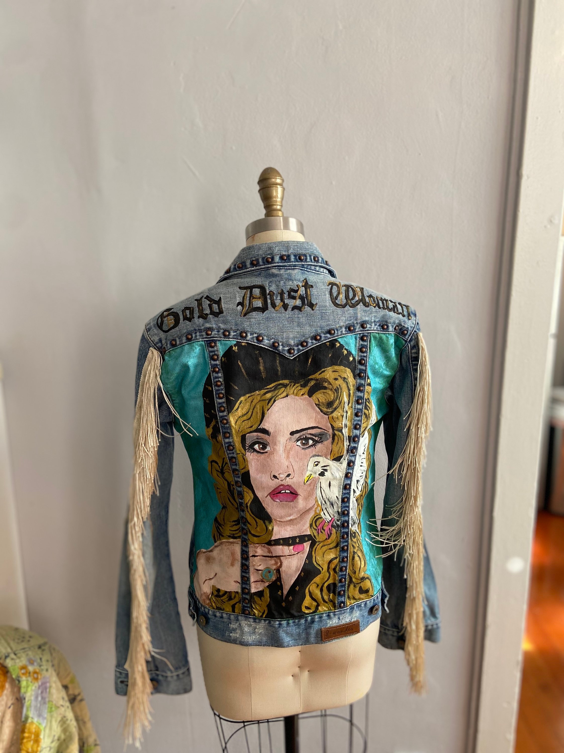 Stevie Nicks Painted Denim Jacket With Fringe Gold Dust - Etsy