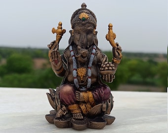 ガネーシャ像 30 cm、手描きのガネーシャ神像、蓮、ガナパティ