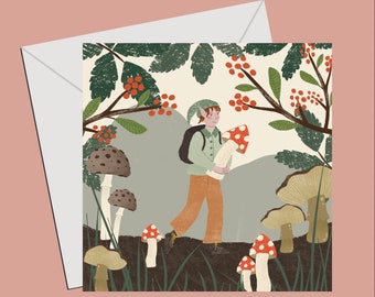 Mushroom foraging pixie greeting card, whimsical autumnal card