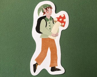 Foraging pixie, mushroom sticker, whimsical fairy sticker