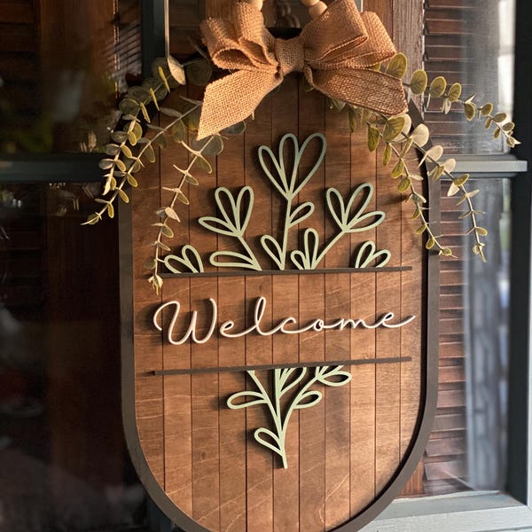 Farmhouse Welcome Door Sign, Wood & Eucalyptus Wreath