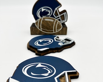 NFL or NCAA Football Helmet 4 Piece Wooden Coaster Set with Football Shaped Holder