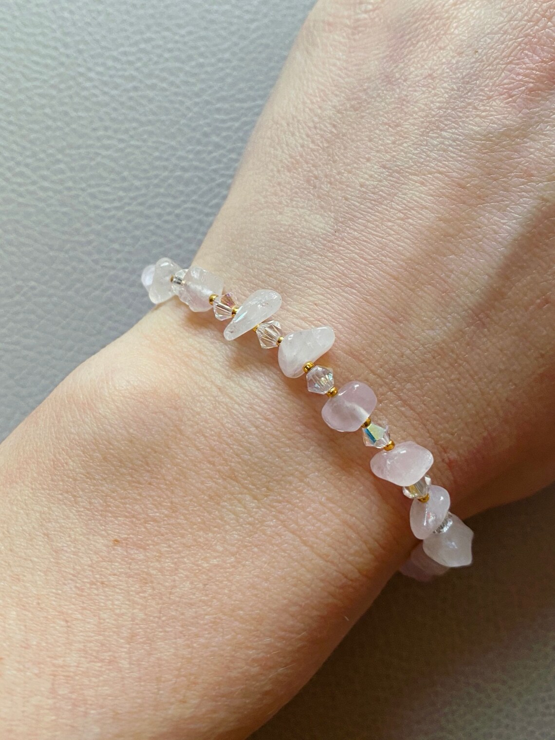 Rose quartz gold handmade bracelet. Etsy