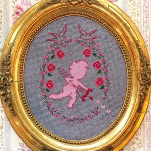 Valentine Cupid Cross Stitch Pattern PDF Download Flowers Heart Love Roses Valentines Day Lover Cute Gift Romantic Pink Floral Xstitch