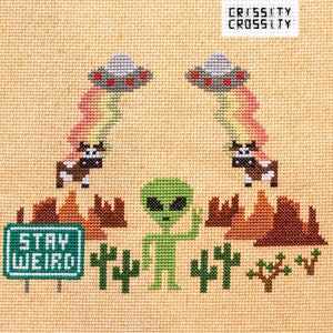 Alien Cross Stitch PDF Pattern Stay Weird Green Martian Spaceship UFO Space Instant Download Rainbow Xstitch Cow Desert
