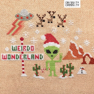 Alien Santa Holiday Cross Stitch PDF Pattern Christmas Weirdo Wonderland Green Martian Reindeer Spaceship UFO Space Instant Download Desert