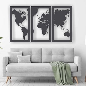 World Map triptyque Laser cut files SVG DXF, décor d’art mural, Cdr vector, décor artistique, Cricut, Panneau d’art mural