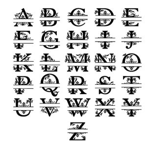Pode incluir: Um conjunto de 26 letras de monograma divididas em preto e branco com floreios decorativos. Cada letra é dividida ao meio com uma linha horizontal.