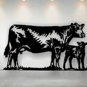 Pode incluir: Silhueta preta e branca de uma vaca e um bezerro de pé lado a lado. A vaca é maior e tem um design mais detalhado do que o bezerro.