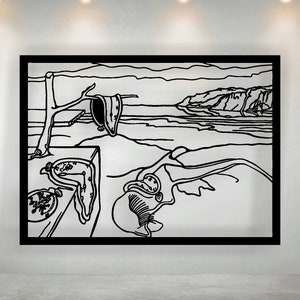 May include: Black and white framed artwork depicting a surreal landscape with melting clocks, a tree, and a coastal scene. The artwork is a line drawing style, reminiscent of a famous painting.
