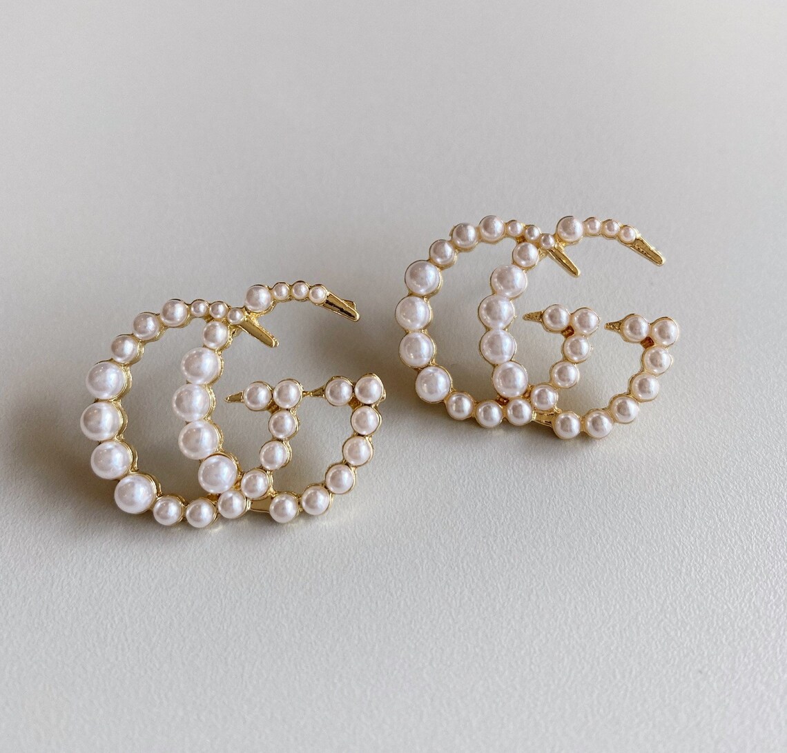 Handmade pearl letter initial gold earring studs GG Etsy