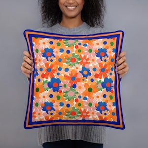 Decorative Floral Pillow Blue and Orange Boho Colorful Botanical Throw Pillow Blue Orange Floral  Cushion  Blue and Orange Decorative Accent
