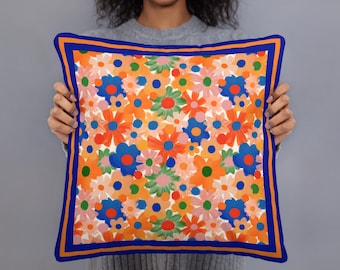Decorative Floral Pillow Blue and Orange Boho Colorful Botanical Throw Pillow Blue Orange Floral  Cushion  Blue and Orange Decorative Accent