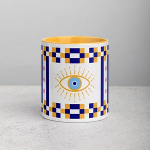 Geometric Evil Eye Mug Spiritual Protection Stylish White Ceramic Coffee Cup Evil Eye Mug Ceramic with  Elements Modern Geometric Design.