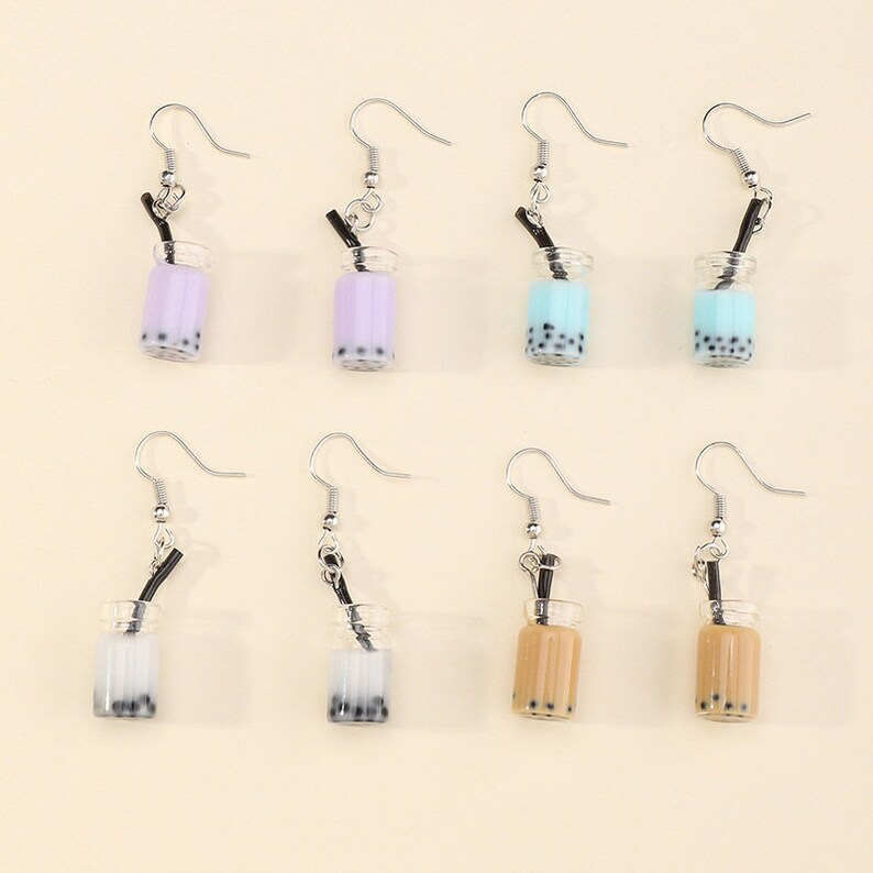 Milk Tea Earrings Boba Earrings Silver Threader Earrings Steel Earrings Dangle Earrings Gift for Women