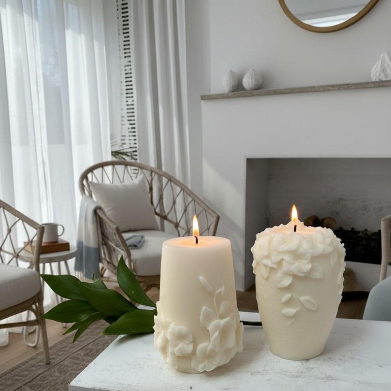 Aesthetic Pillar Candle, Undyed Decorative Candle, Floral Embossed Design, Minimalist Rattan Home Decor, Gift Wrapped Candles, Hostess Gifts
