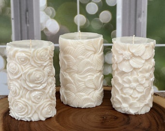Aesthetic Pillar Candle, Undyed Decorative Candles, Sculpted Flower Designs, Cottagecore Home Decor, Gift Wrapped Candles for Her or Hostess