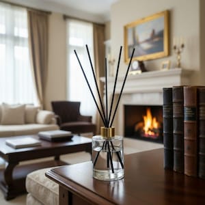 May include: A clear glass reed diffuser with a gold-toned metal collar and several thin black reeds inserted into the bottle. The diffuser contains a transparent liquid and is positioned on a dark wooden surface next to a row of vintage books.