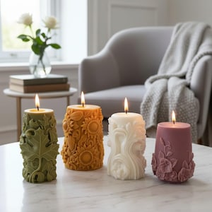 Decorative Embossed Pillar Candle, Floral Vines, Sunflowers, Falling Leaves, Wind & Waves, Gift Boxed with Ribbon, Home Decor Gifts for Mom