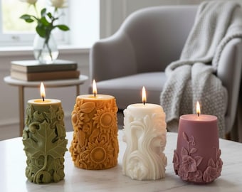 Decorative Embossed Pillar Candle, Floral Vines, Sunflowers, Falling Leaves, Wind & Waves, Gift Boxed with Ribbon, Home Decor Gifts for Mom
