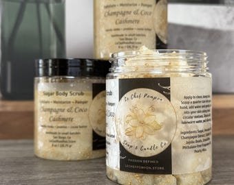 Sugar Body Scrub: Cashmere & Champagne Extract, Exfoliating, Moisturizing, with Wooden Spoon